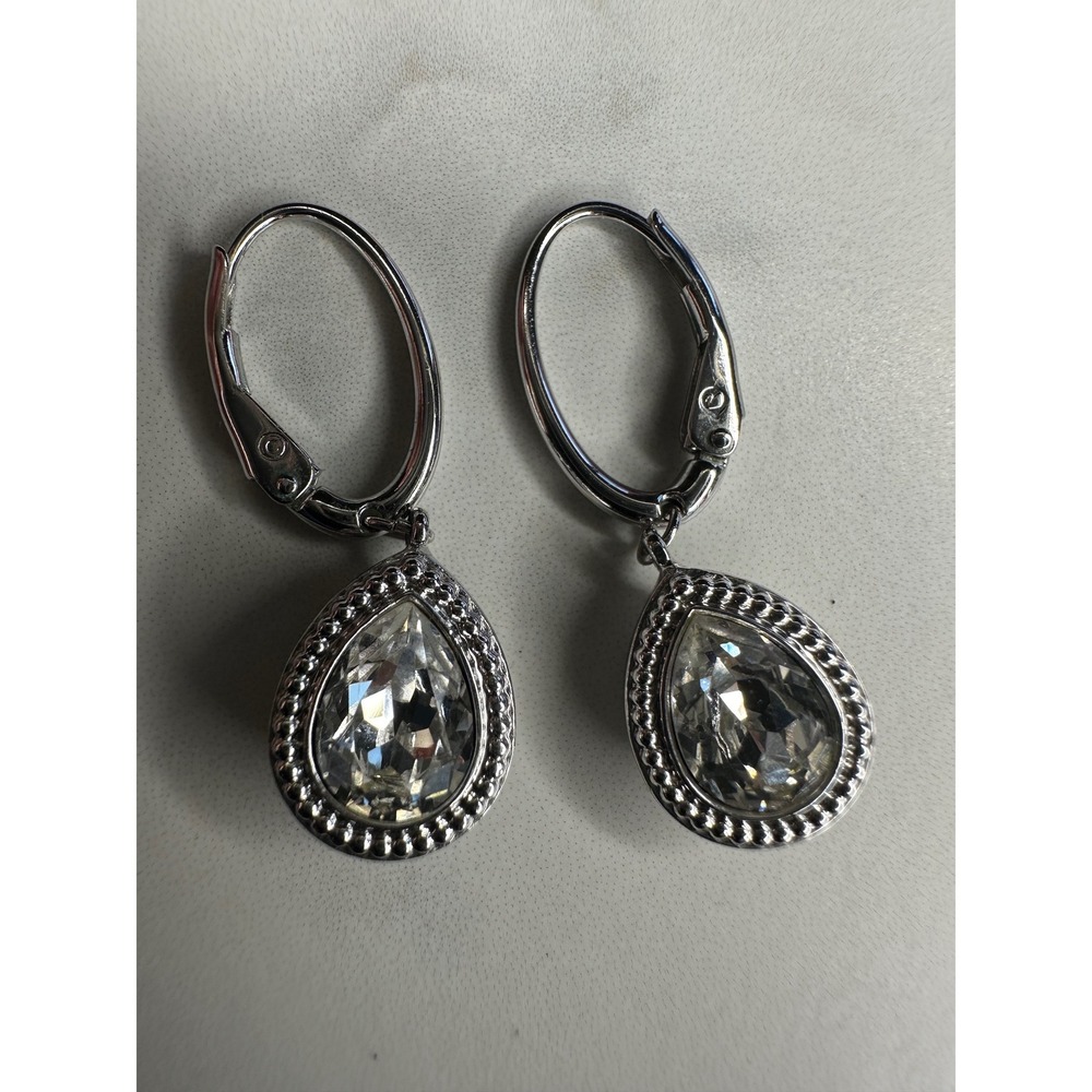 Swarovski Silver Tone Clear Crystal Teardrop Leverback Drop Earrings